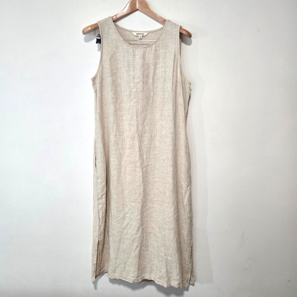 Briggs Linen Blend Shift Dress Womens Medium Beige Sleeveless Pockets Midi Slit